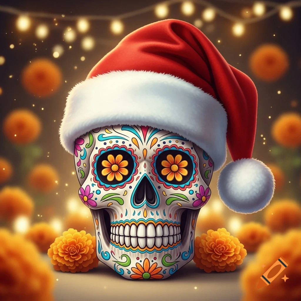 A vibrant, ornate sugar skull wearing a red Santa hat, surrounded by glowing marigolds and warm string lights.