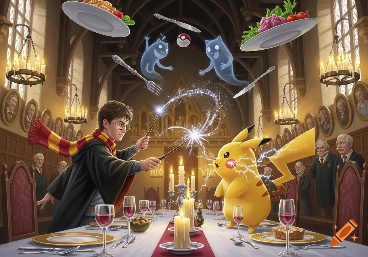 Harry Potter casts a spell on an electrifying Pikachu in a grand hall, with floating food and ghost-like creatures.