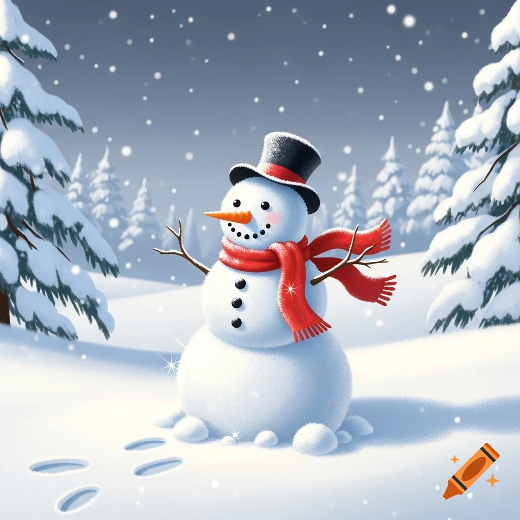 A cheerful snowman with a top hat and red scarf stands in a snowy forest with footprints and falling flakes, illustration.