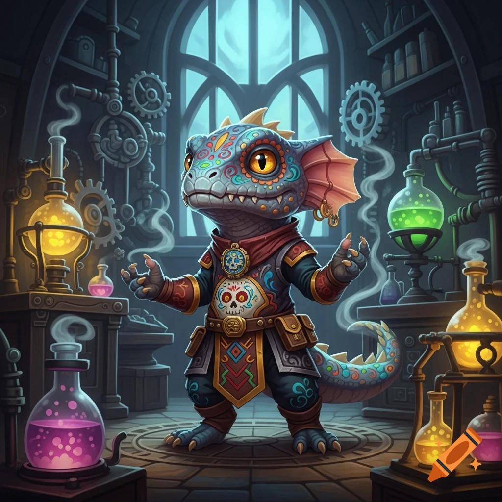 A stylized, colorful kobold artificer with a sugar skull motif stands in a steampunk-inspired laboratory filled with bubbling beakers.