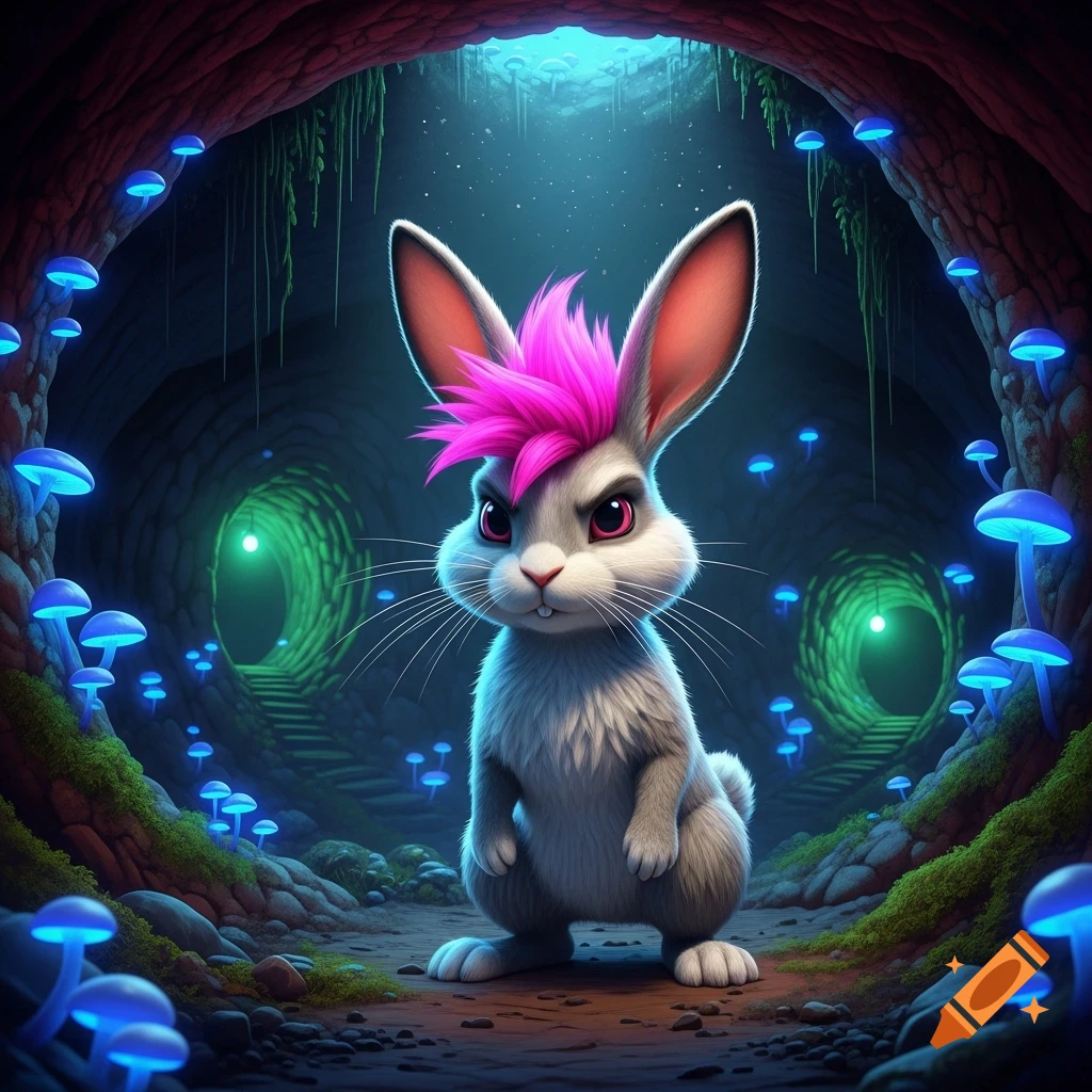 A cartoonish gray rabbit with a pink mohawk and glowing red eyes stands in a dark fantasy cave with glowing blue mushrooms and green tunnel entrances.