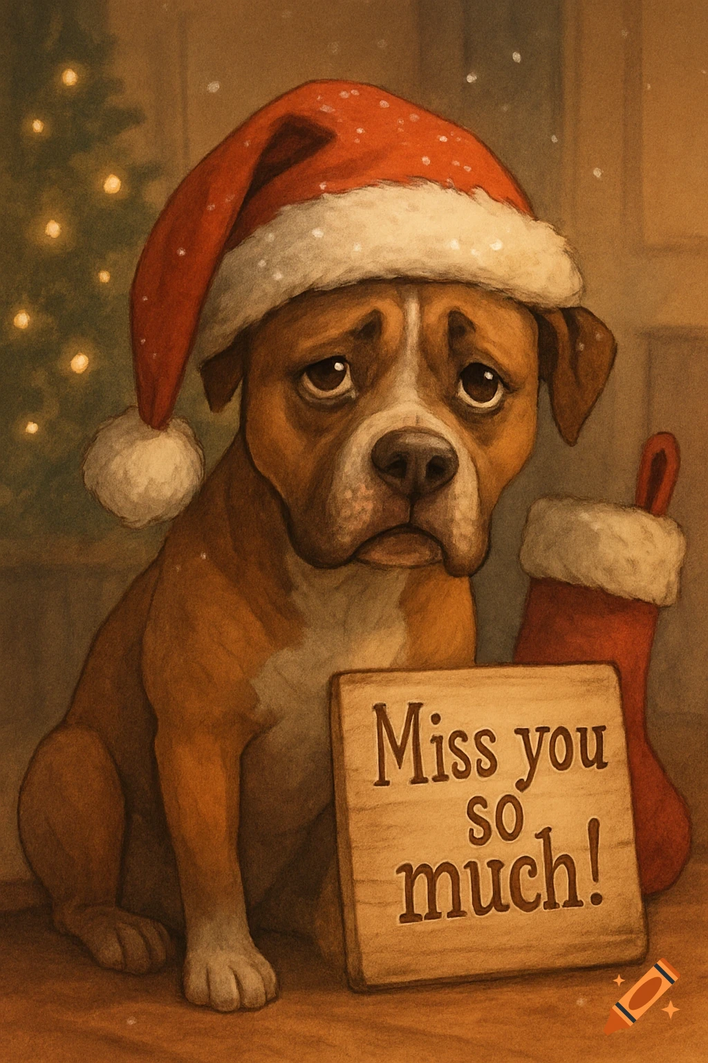 A sad cartoon boxer dog in a Santa hat sits by a Christmas stocking, holding a 'Miss you so much!' sign, with a Christmas tree.