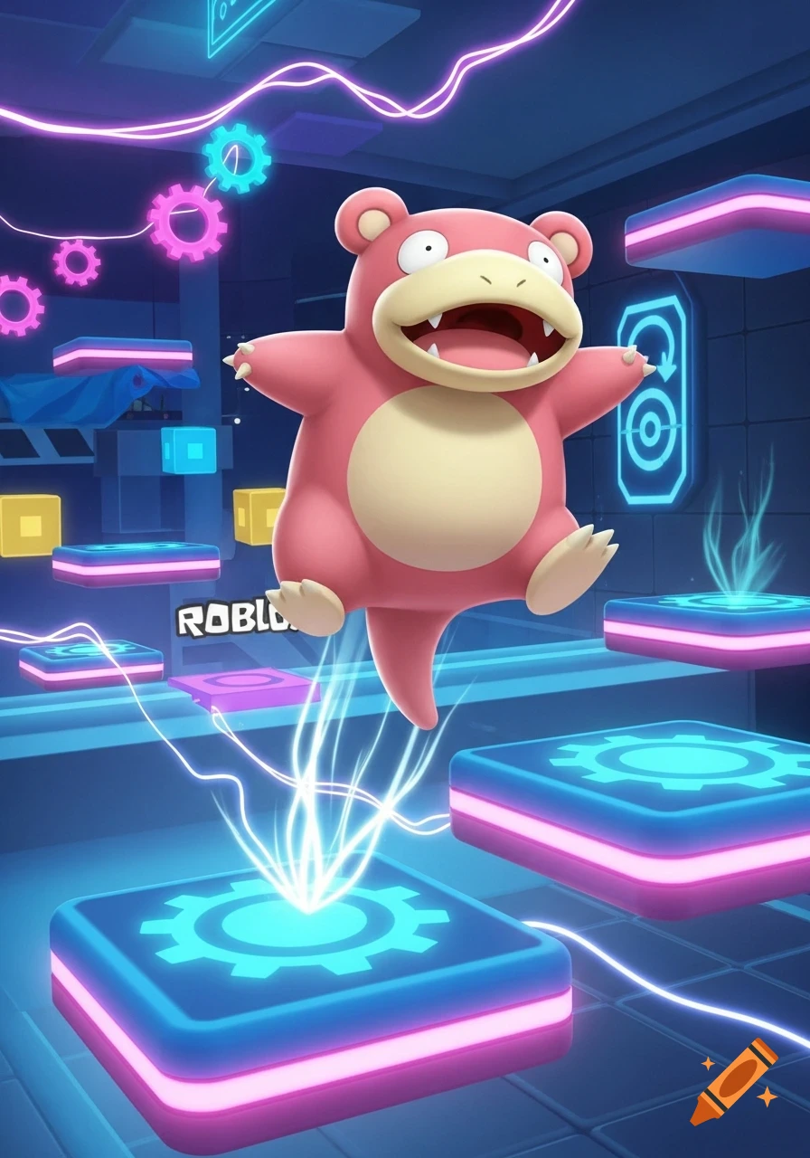 A pink Slowpoke from Pokemon leaps over neon platforms with glowing blue gears in a Roblox-style obby environment.
