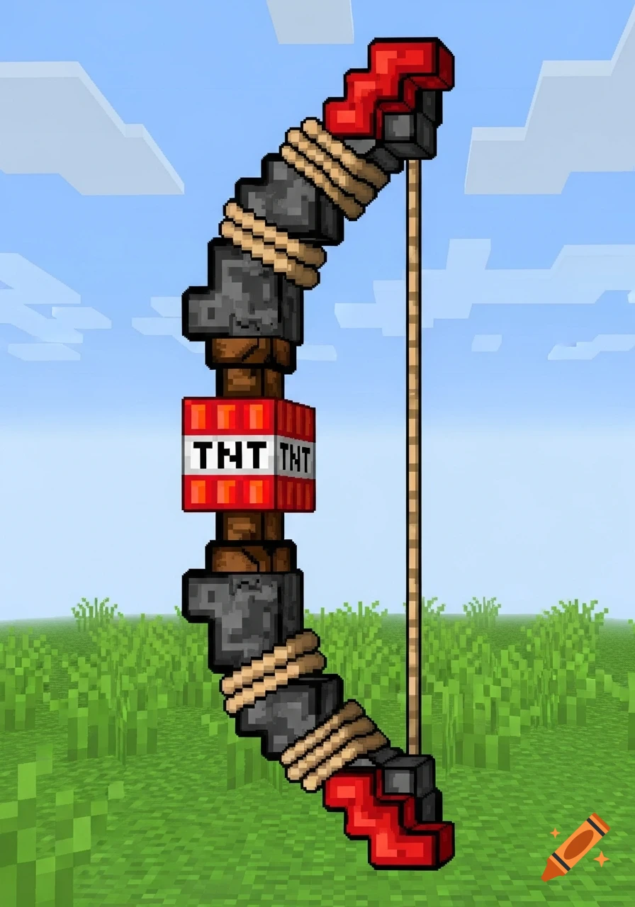 A pixel art Minecraft bow with a TNT block at its center, set against a pixelated landscape.