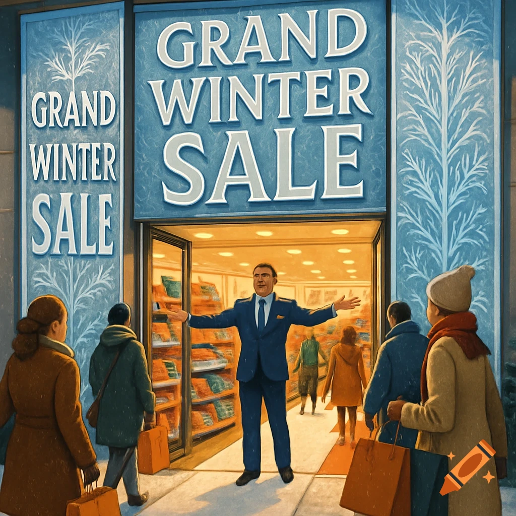 A man in a suit welcomes customers into a store displaying a "GRAND WINTER SALE" sign, with people entering and leaving with shopping bags.