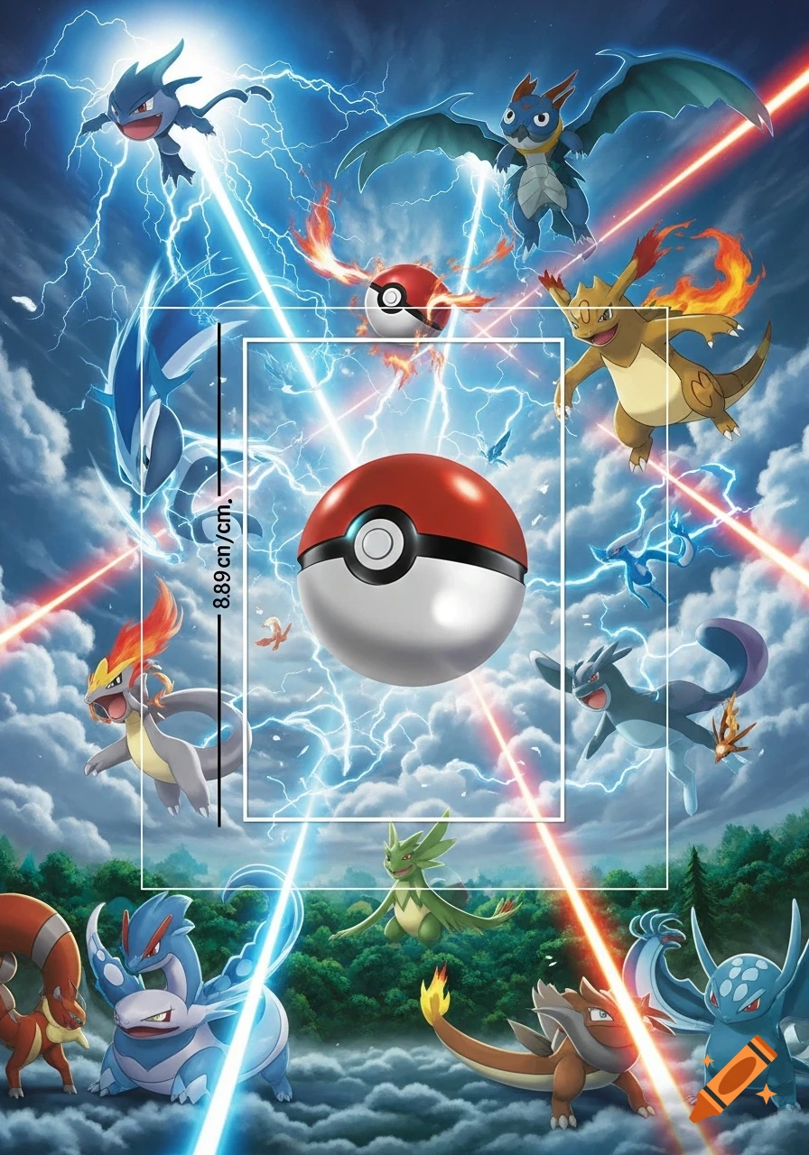 An array of various Pokémon characters, including Lugia, flying and posing around several Poke Balls, against a dramatic sky with lightning and clouds. A white rectangular measurement box with '8.89 cm/cm.' on the side is overlaid on the central Poke Ball.