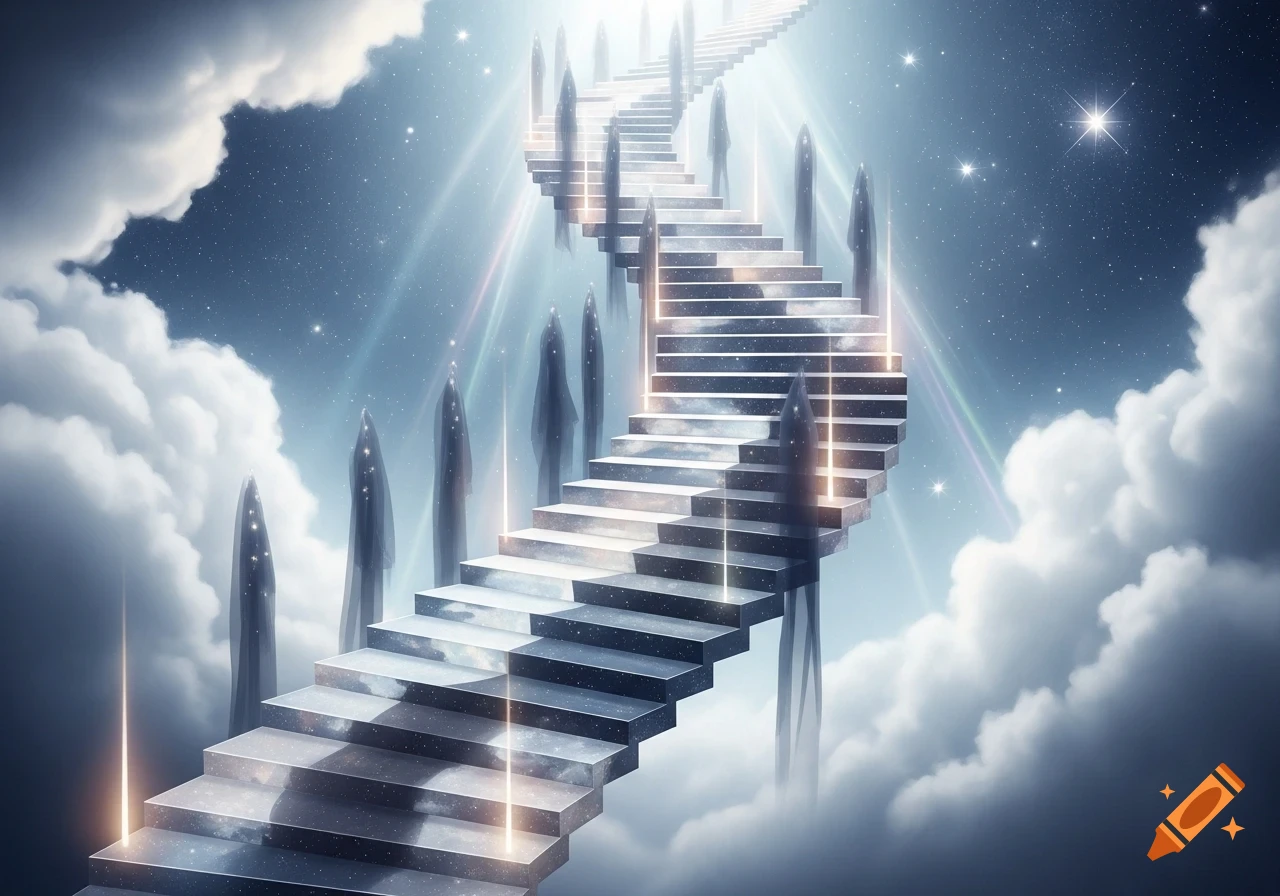 A winding, reflective staircase ascends into a starry, cloudy sky, with ethereal hooded figures and glowing light.