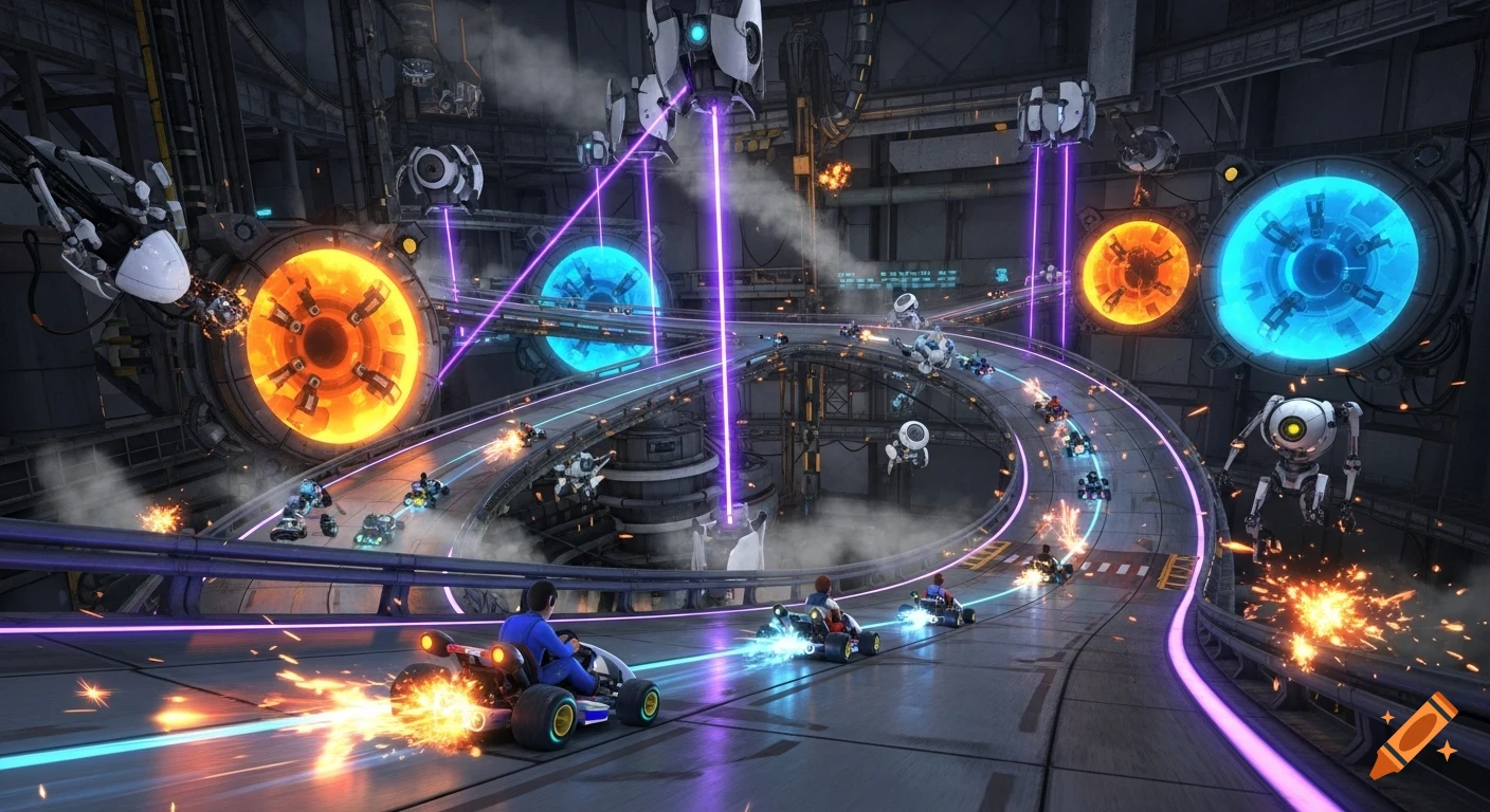 Kart racers speed along a futuristic, multi-level track filled with Portal 2 turrets, glowing portals, and laser beams.