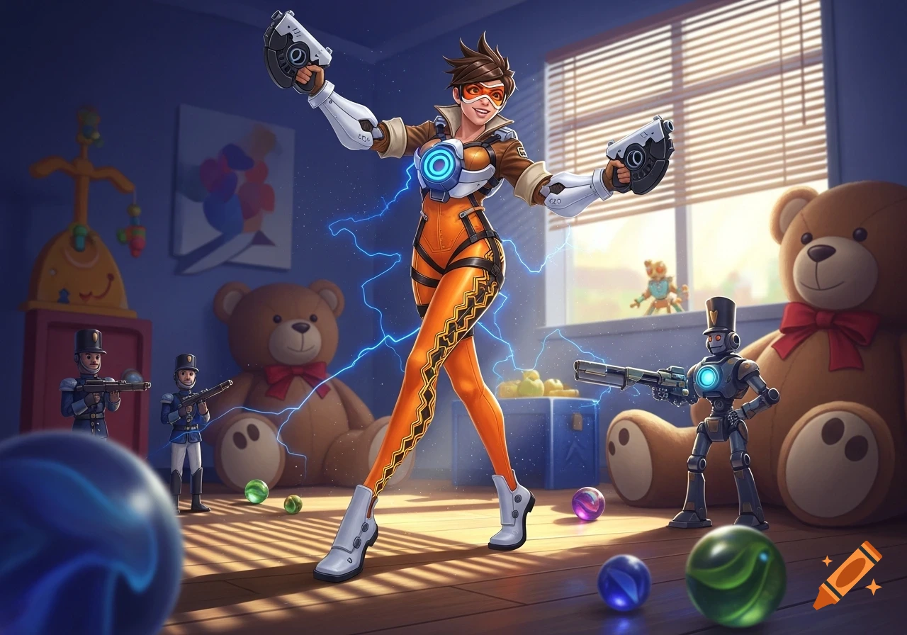 Tracer from Overwatch stands confidently in a toy-filled bedroom with teddy bears and toy soldiers, holding her pulse pistols.