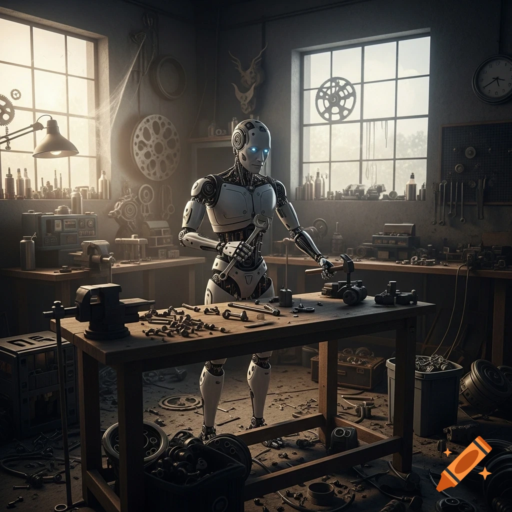 A humanoid robot works with a wrench and hammer at a messy wooden workbench in a cluttered workshop.