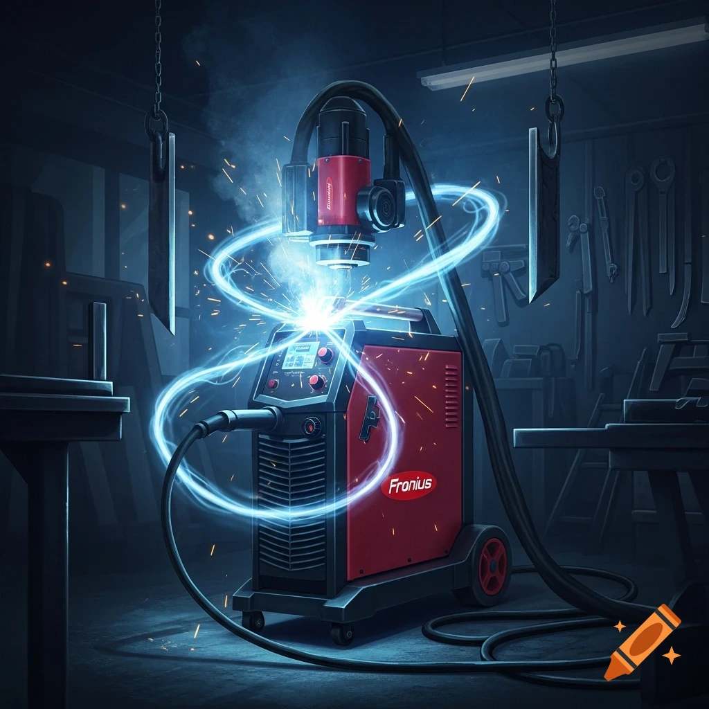 A red Fronius welding machine in a dark workshop, emitting bright blue electrical energy and sparks.