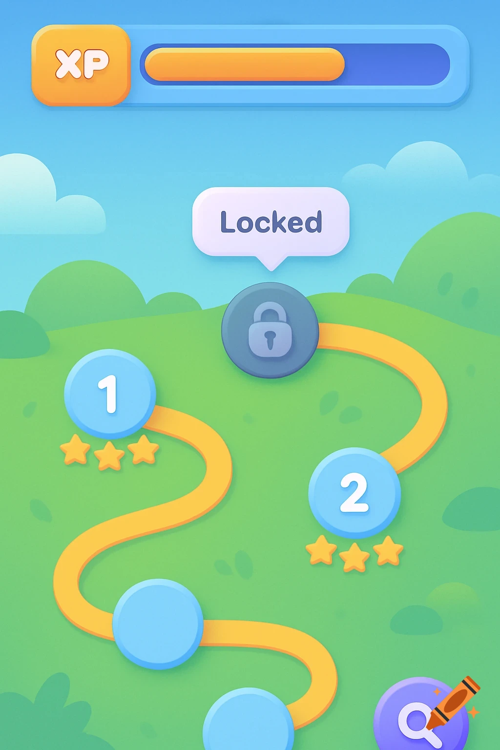 Colorful, playful mobile game UI with an XP progress bar, a scrollable world map showing numbered and locked levels, and a search button.