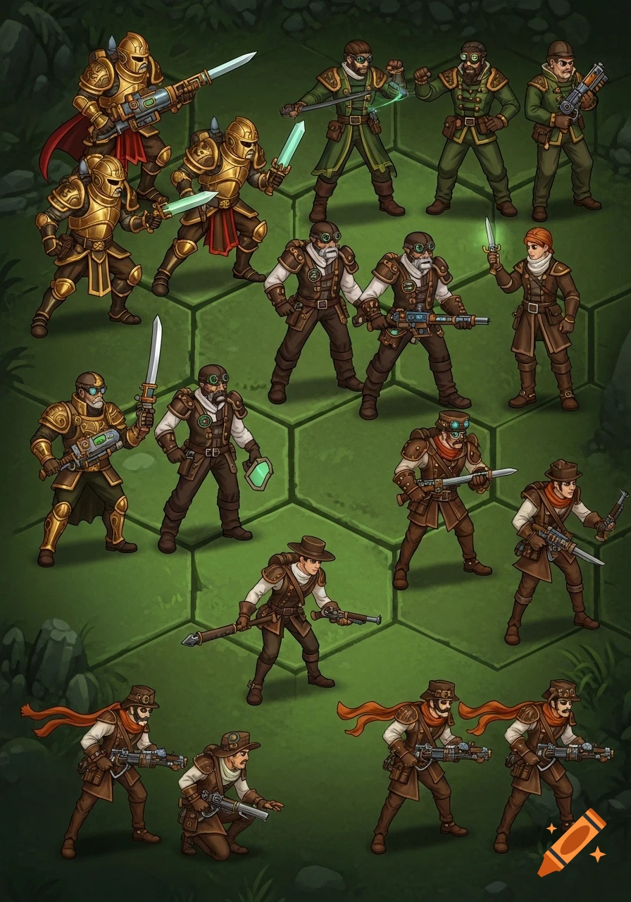A 2D sprite sheet featuring various fantasy and steampunk-style characters for a top-down RTS game, arranged on a green hex grid.