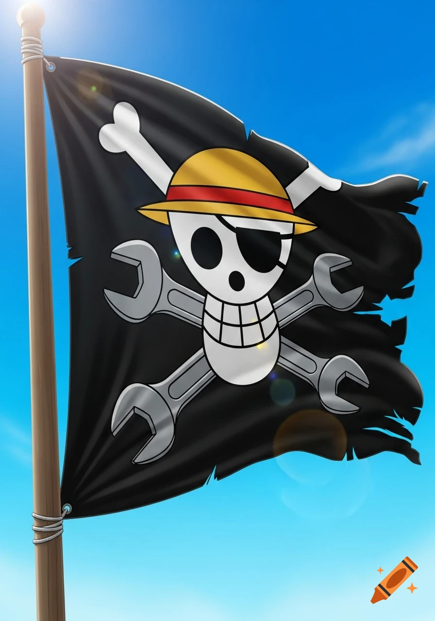 A black pirate flag with a white skull wearing a straw hat and eye patch, with crossed wrenches instead of bones, against a blue sky.