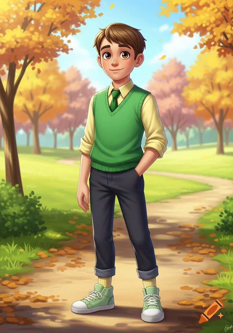 A friendly cartoon boy with brown hair and light brown eyes wears a green vest, tie, and light green sneakers, standing in an autumn park.