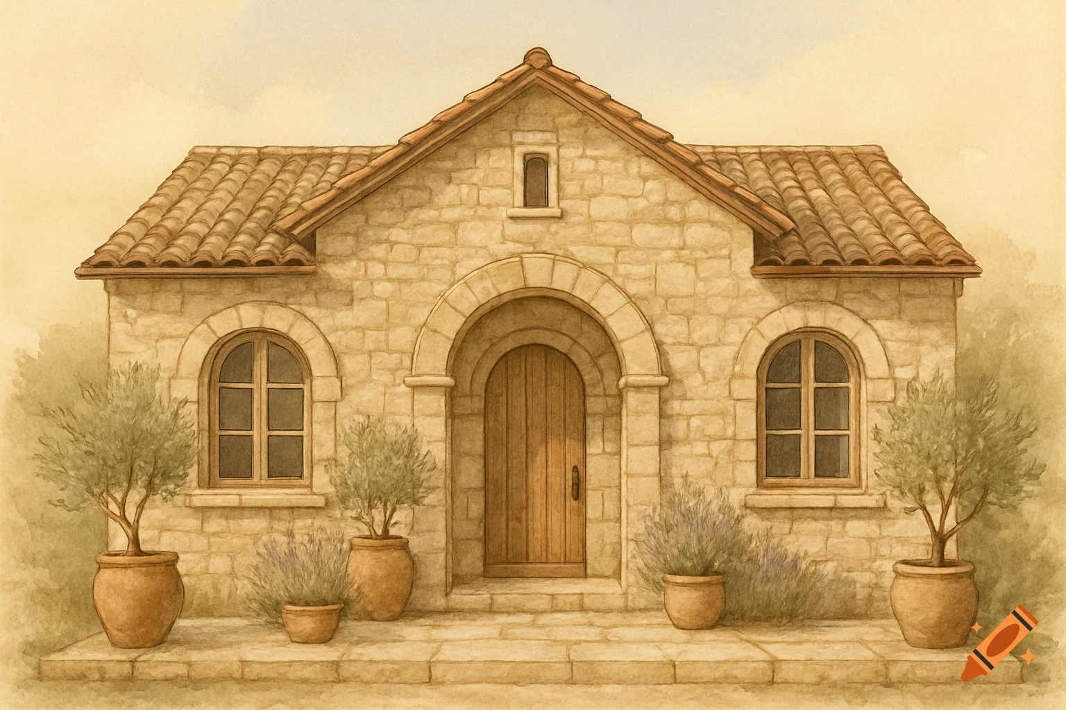 Watercolor illustration of a rustic Mediterranean stone house with an arched entry, tiled roof, potted olive trees, and lavender.