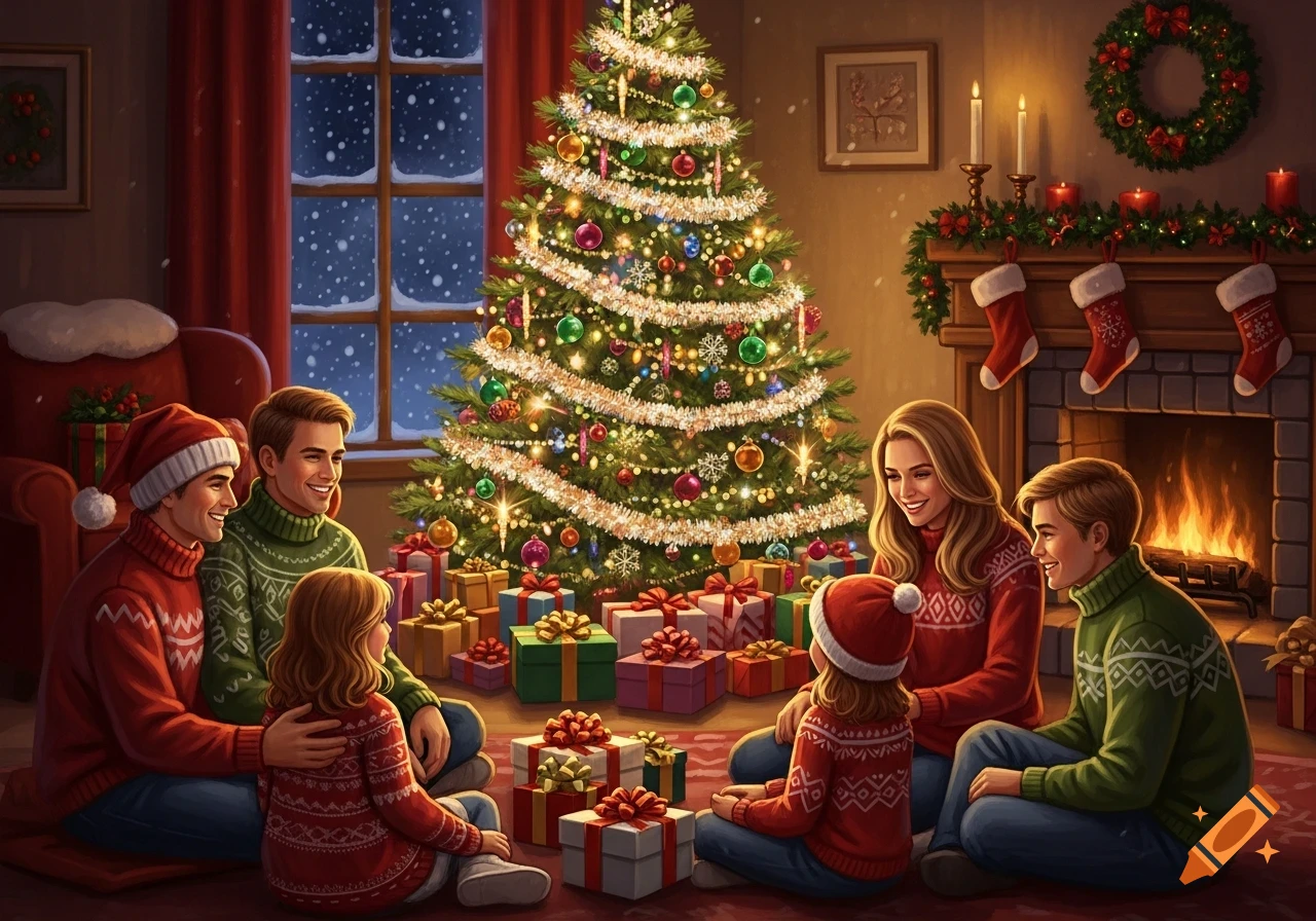 A family in festive sweaters opening gifts around a brightly lit Christmas tree in a warm living room with a fireplace and snow outside.