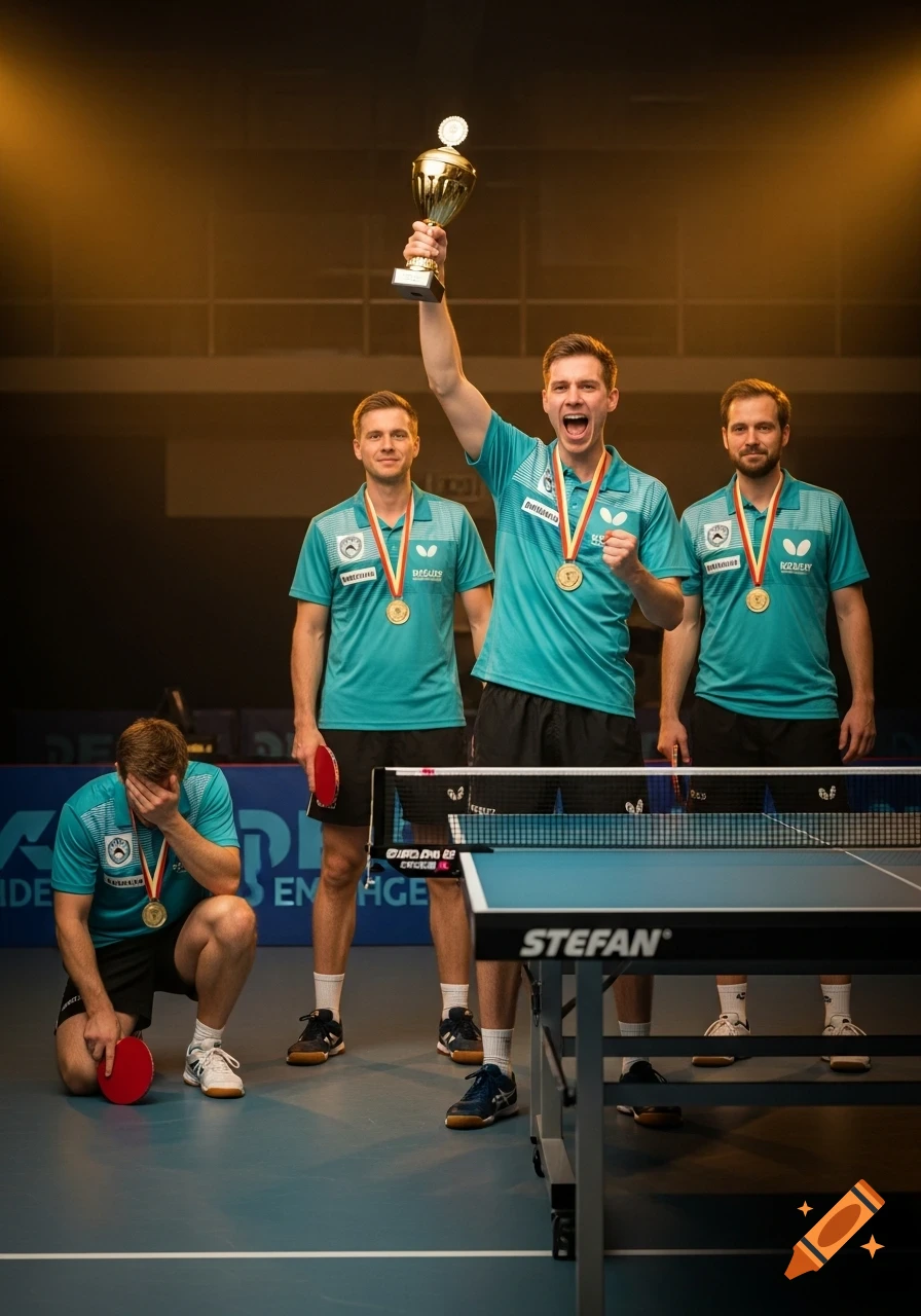 Four male table tennis players on a court. One celebrates with a gold trophy, two stand contentedly, and one kneels with his face in his hand, appearing disappointed.