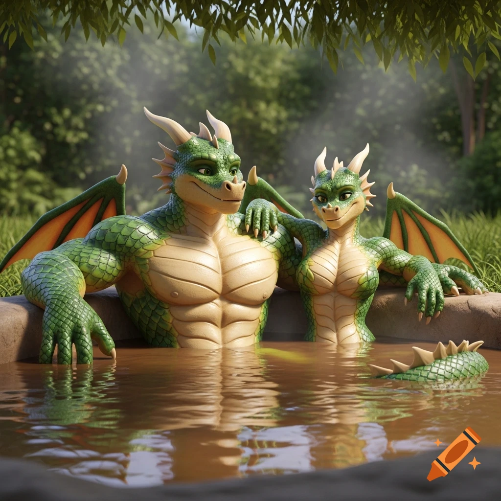 A male and female anthropomorphic dragon couple in 3D animation style happily relaxing in a mud hot tub in a lush outdoor setting.