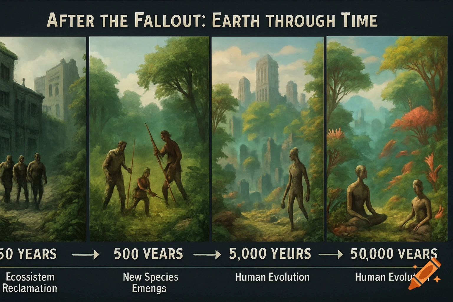 A timeline of Earth after a fallout, showing four panels: devastated city, recovered environment with primitive humans, transformed Earth with evolved humanoids, and a lush biodiverse landscape with peaceful humanoids.