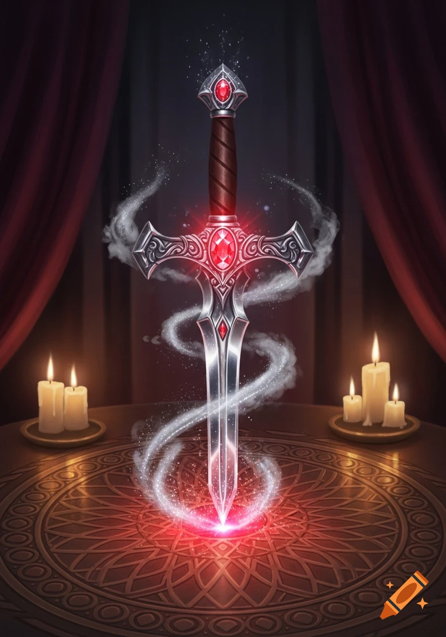 An ornate, ruby-studded magic sword glows with red energy on an intricately patterned table, surrounded by swirling white smoke and lit candles.