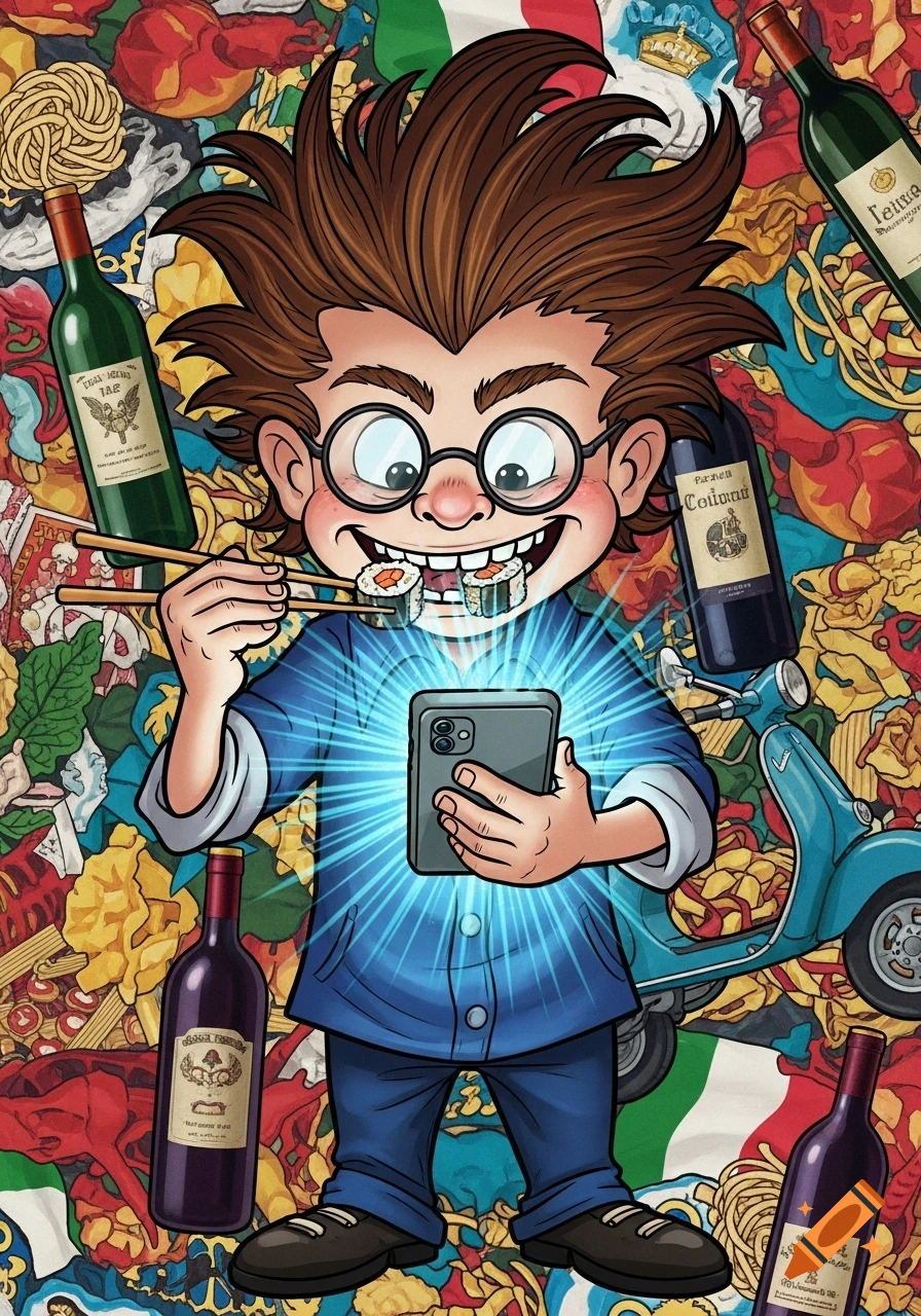A chaotic, cartoonish boy with big hair and glasses, glued to his phone, eating sushi with chopsticks amidst a background of Italian-themed items like wine bottles, pasta, and a scooter.
