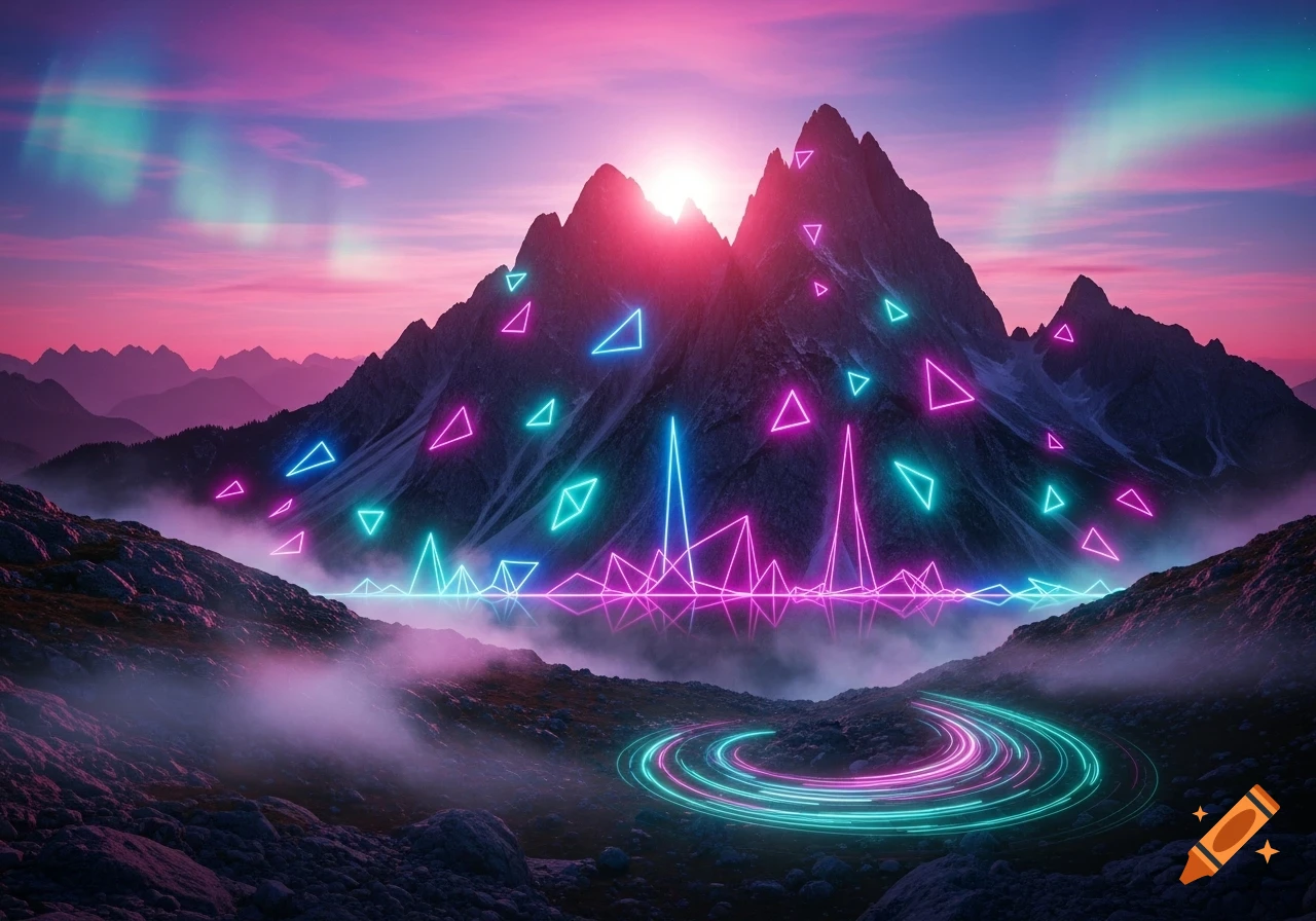 Synthwave landscape with dark mountains, glowing pink and cyan neon triangles, sound waves, and swirling rings under a pink and purple sky with aurora.