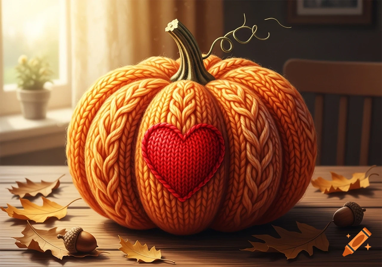 Knitted orange pumpkin with a red heart on a wooden table with autumn leaves and acorns by a sunny window.