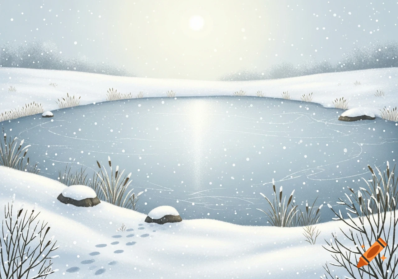 Picture book illustration of a serene frozen lake in a snowy winter landscape with falling snow.