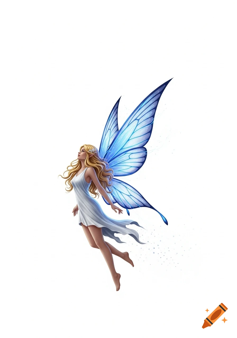 A blonde fairy with long hair, intricate blue wings, and a white flowing dress floats gracefully against a white background.