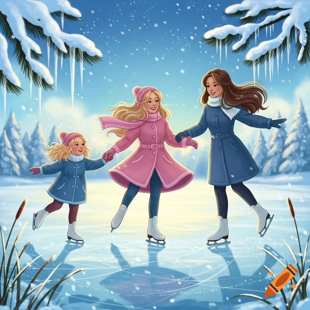Three smiling females ice skating on a frozen pond in a snowy winter landscape with falling snow, cartoon illustration.