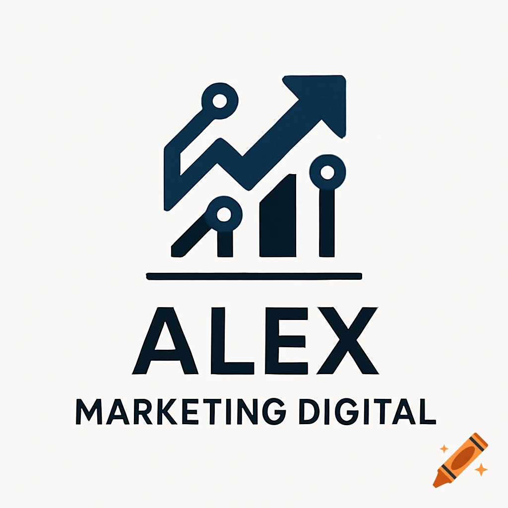 Minimalist dark blue logo for Alex Marketing Digital with a growth graph and circuit board elements on a white background.