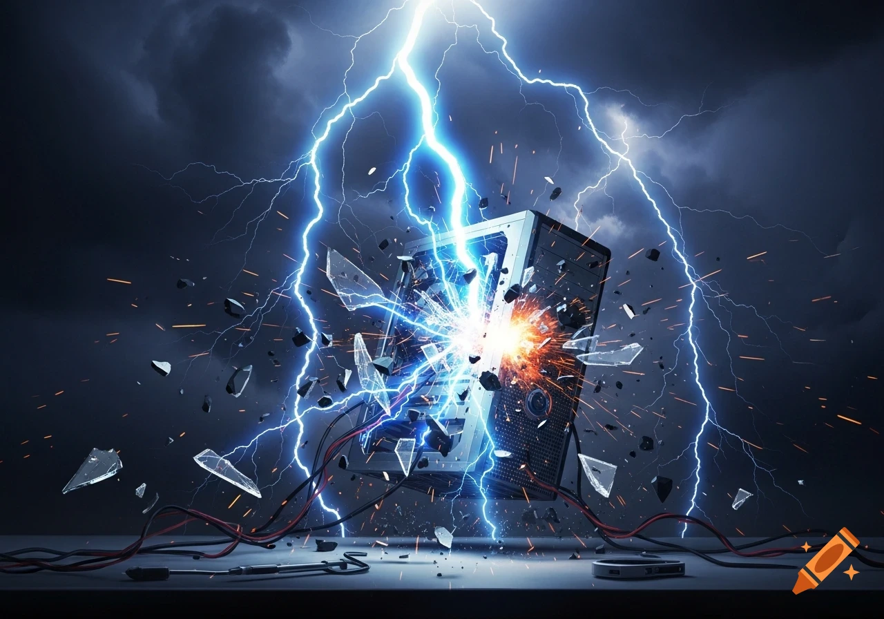 A photorealistic computer case explodes as it is struck by a powerful blue lightning bolt against a dark, stormy sky.