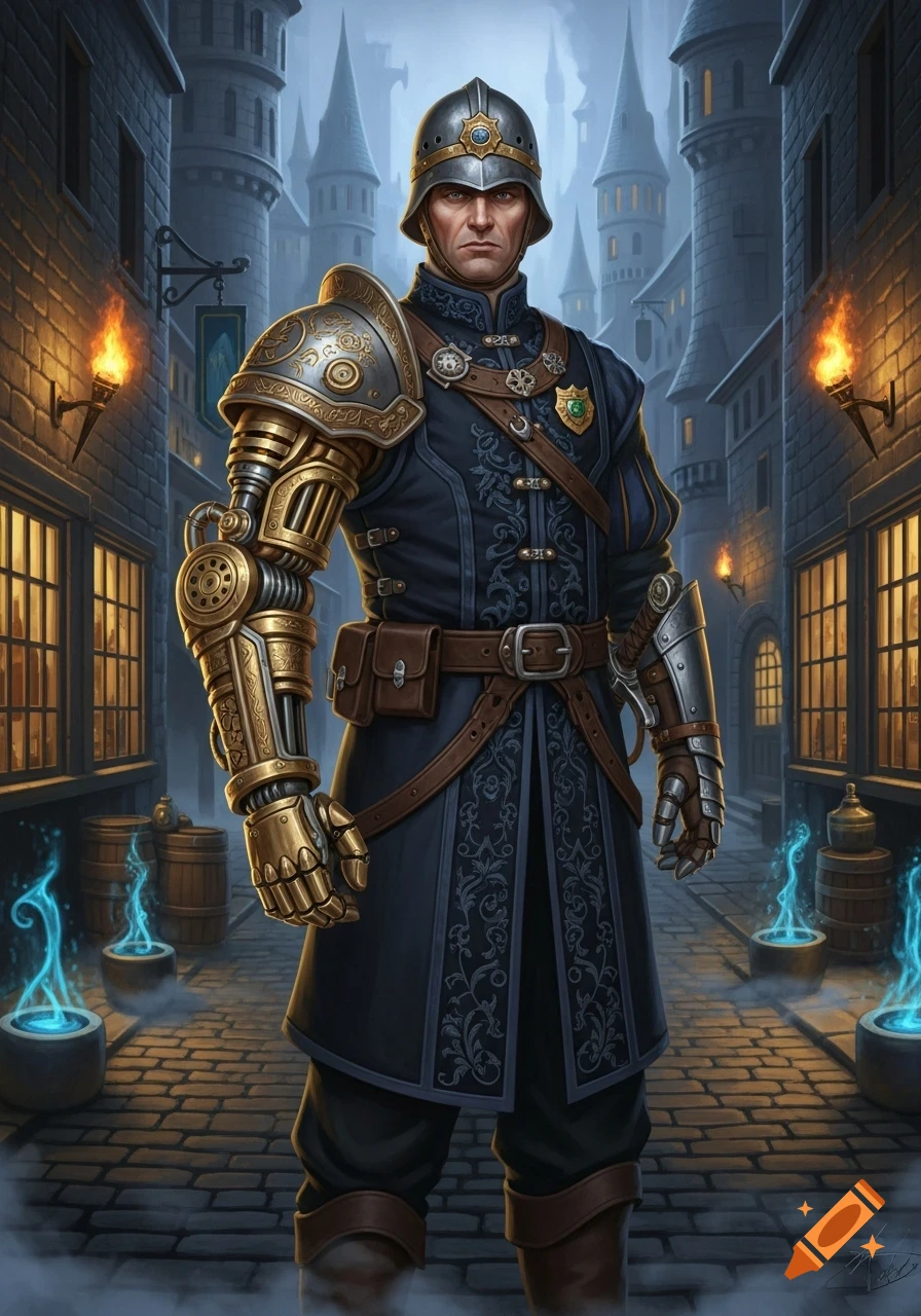 A stern man in a steampunk uniform with a mechanical left arm stands on ...