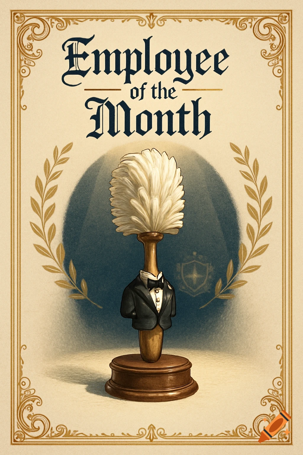 A humorous 'Employee of the Month' award certificate features a formal toilet brush trophy with a tuxedo jacket and bow tie.