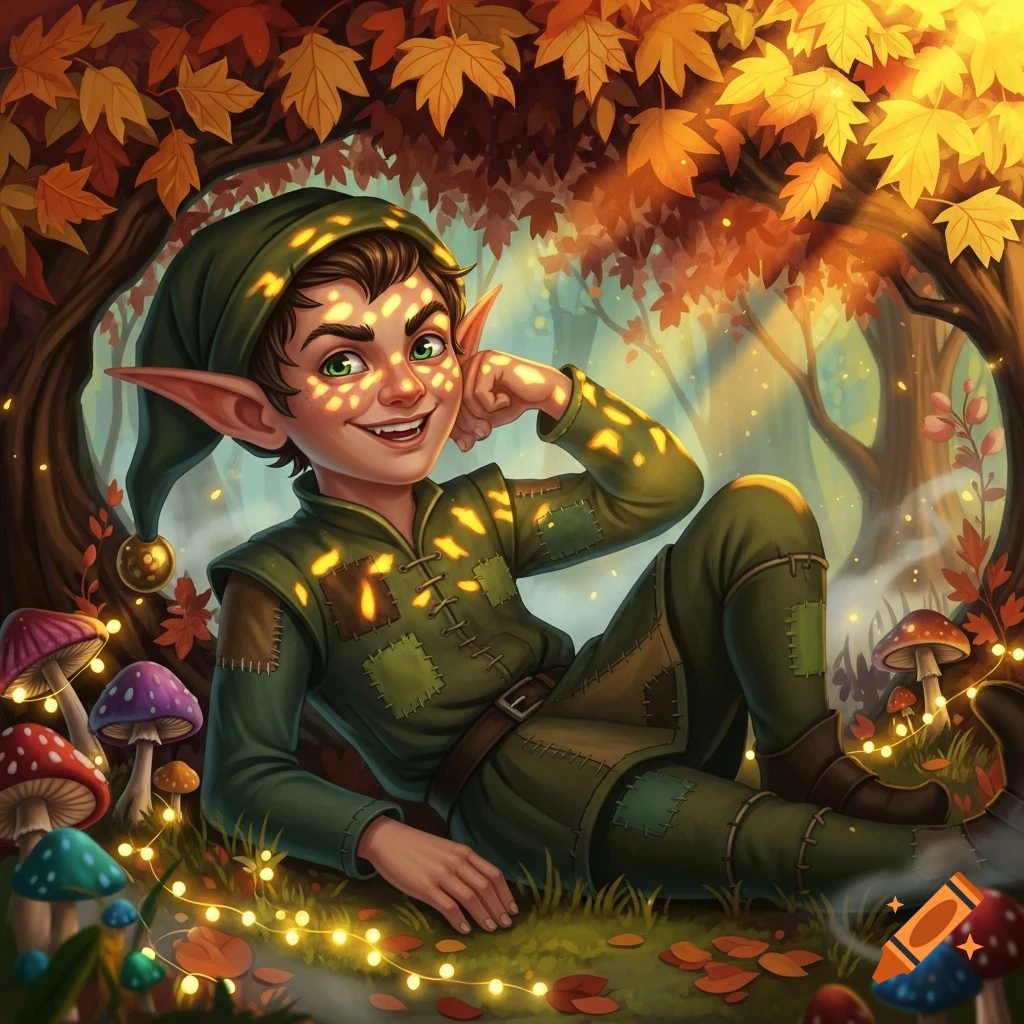 A mischievous young elf with green eyes smiles, lying under an autumn tree surrounded by colorful mushrooms and glowing lights in a fantasy illustration.
