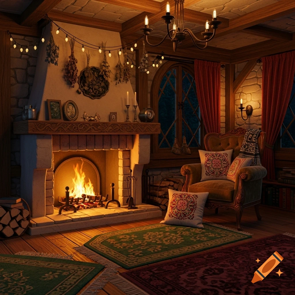 A cozy fantasy-style living room with a lit stone fireplace, a comfortable armchair, and warm string lights.