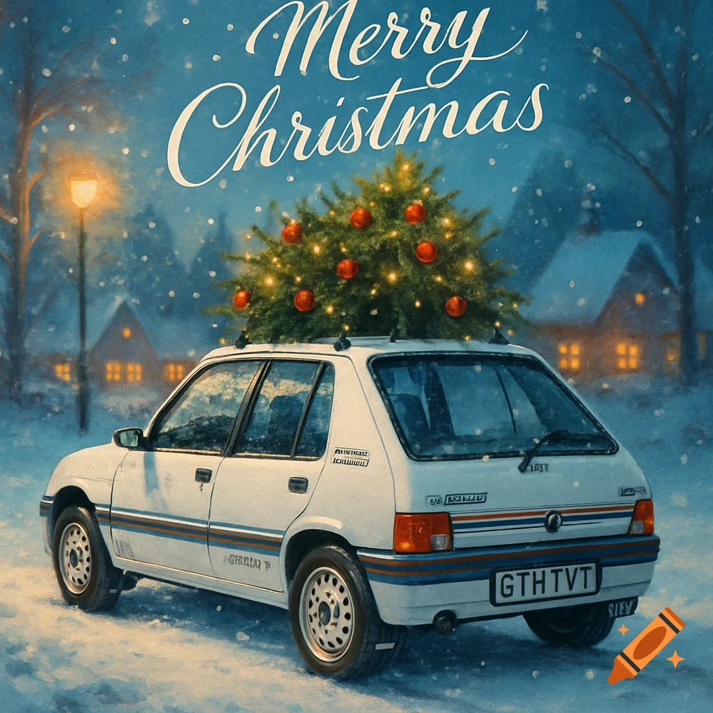 A white vintage car with a Christmas tree on its roof drives through a snowy village scene at night, with "Merry Christmas" written above. It has a painterly style.