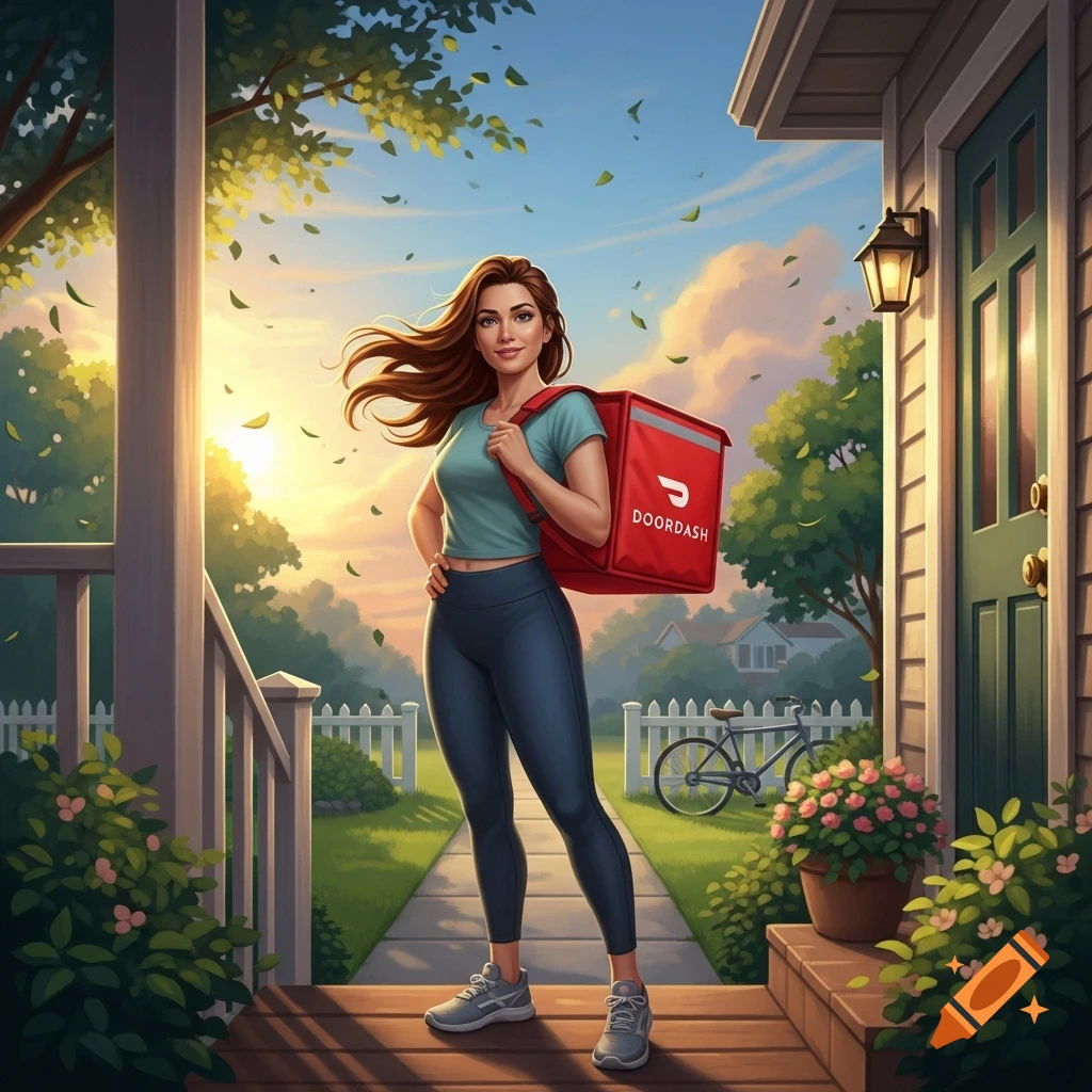 A woman in a teal shirt and blue leggings carries a red DoorDash delivery bag on a porch at sunset, rendered in a colorful illustration style.