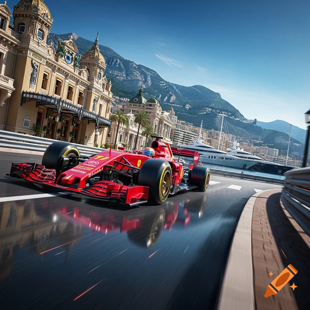 A red Formula 1 race car speeds through the streets of Monaco, past the Monte Carlo Casino and yachts, under a clear blue sky.