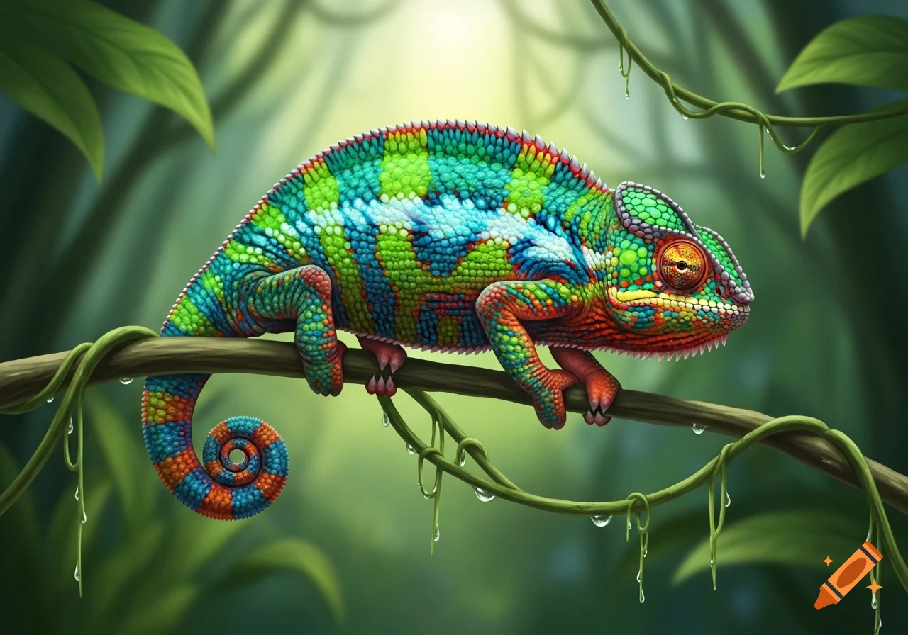 A vibrantly colorful chameleon with green, blue, and red scales clings to a wet branch in a lush jungle.