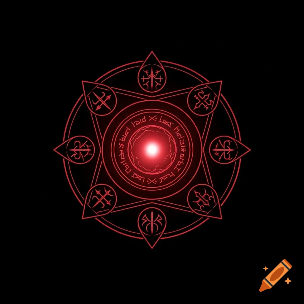 A red magical circular guild emblem with geometric sigils and runes on a black background, featuring a glowing red core at its center.