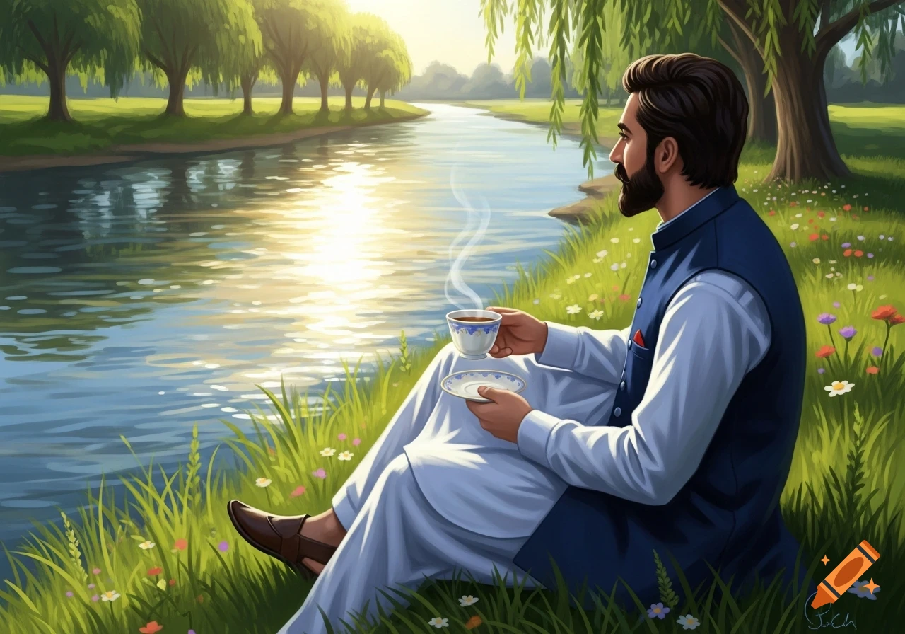 A man in traditional Pakistani attire sits by a sunlit river, drinking tea in a lush green landscape.
