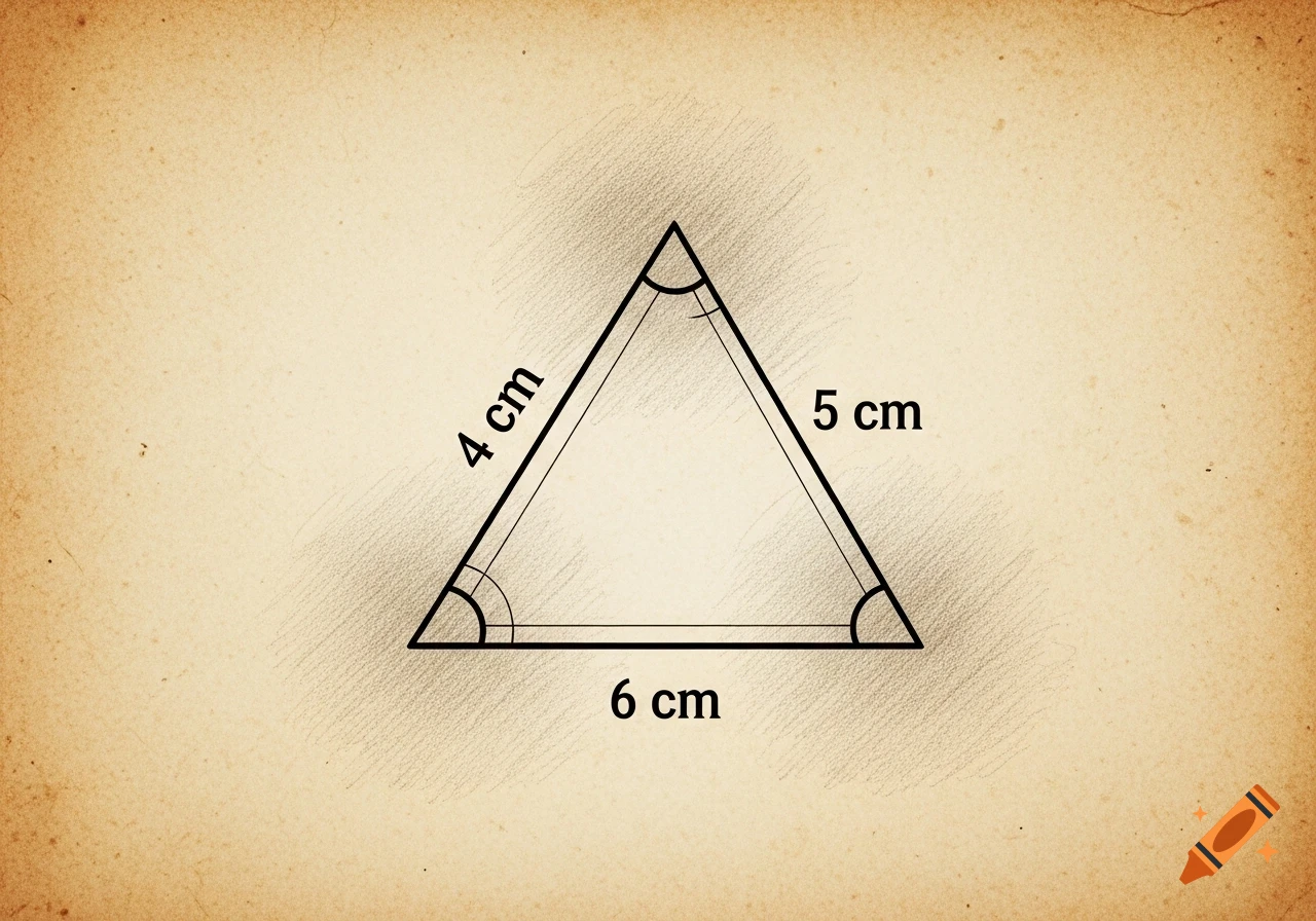 Hand-drawn diagram of a triangle with side lengths 4 cm, 5 cm, and 6 cm on textured paper.