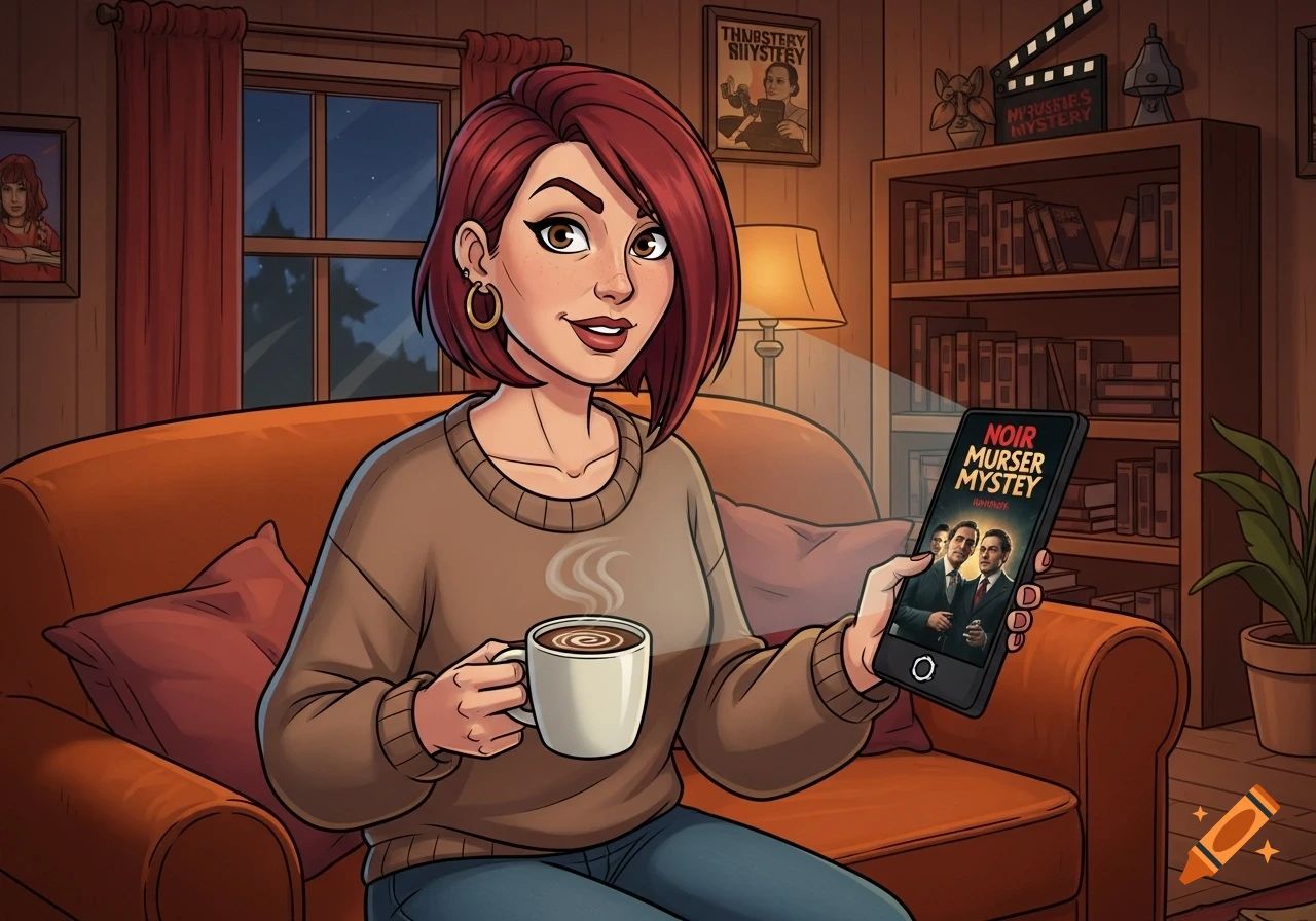 A cartoon woman with short red hair sits on an orange sofa, holding a white coffee mug and an e-reader displaying a mystery novel cover, in a warmly lit living room.