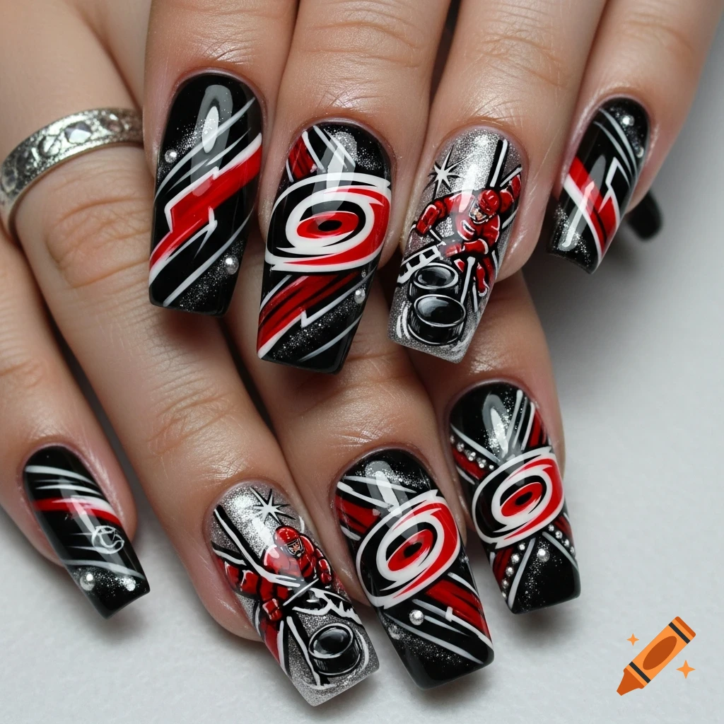 Close-up of a hand with long acrylic nails painted with black, red, and silver Carolina Hurricanes hockey-themed designs and a hockey player.