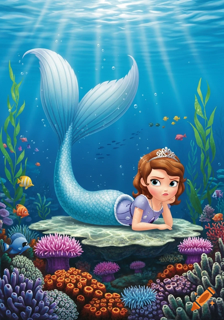 Cartoon Sofia the First as a grumpy mermaid lying on a rock amidst colorful coral and fish in a vibrant underwater scene.