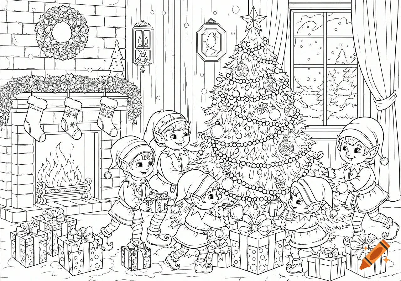 A black and white coloring page showing six cartoon elves celebrating Christmas with presents around a decorated tree and fireplace.