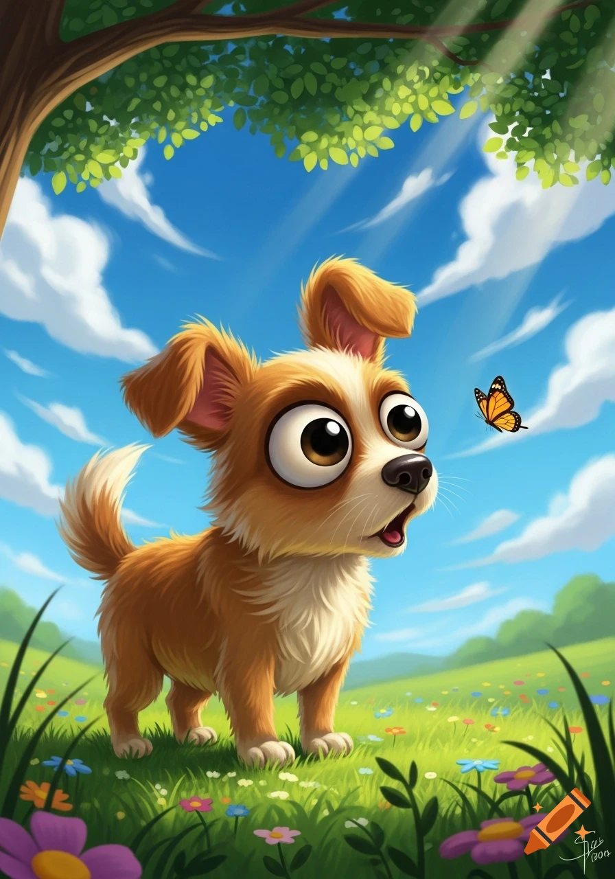A cute, wide-eyed cartoon dog with brown and white fur looks astonished at an orange butterfly in a sunny, green field.