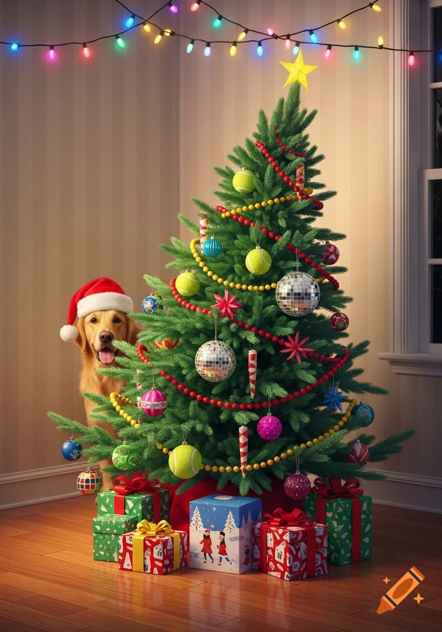 A golden retriever in a Santa hat peeks from behind a brightly decorated Christmas tree, surrounded by wrapped presents on a wooden floor.